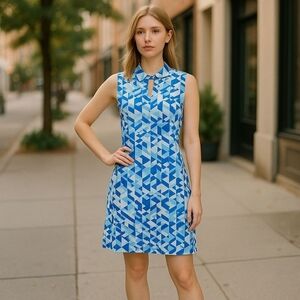 J. MCLAUGHLIN sz large keyhole sleeveless blue geometric Catalina cloth dress